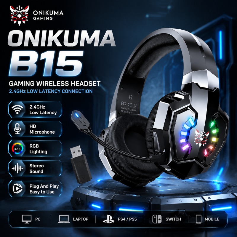 Gaming Console Amazon - ONIKUMA B15 Headset Gaming Nirkabel 2.4GHz